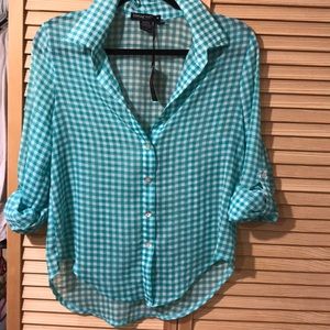 Teal plaid sheer blouse